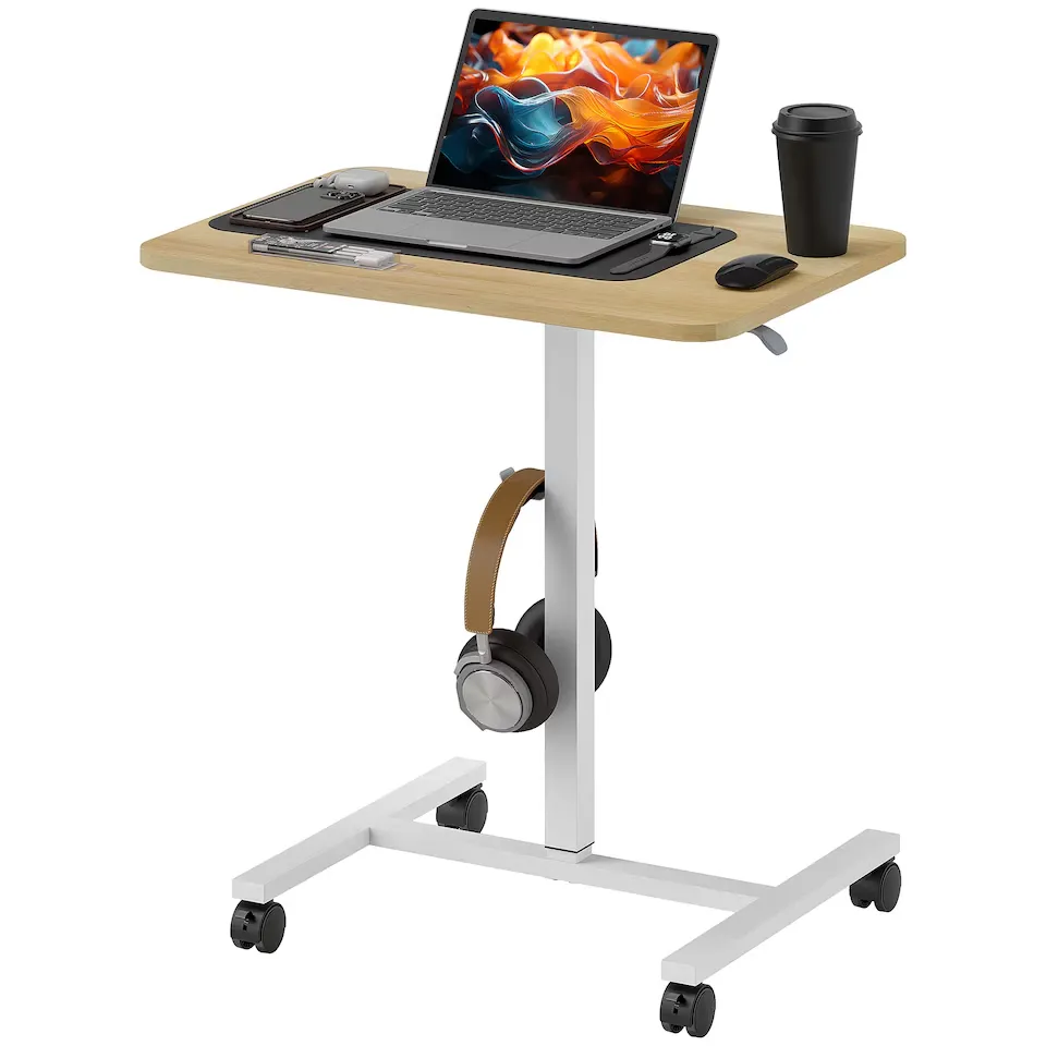 HOMCOM Height Adjustable Standing Desk, Pneumatic Sit Stand Desk for Laptop, Mobile Overbed Table with Wheels and Headphone Hook for Home Office, Natural Wood Finish